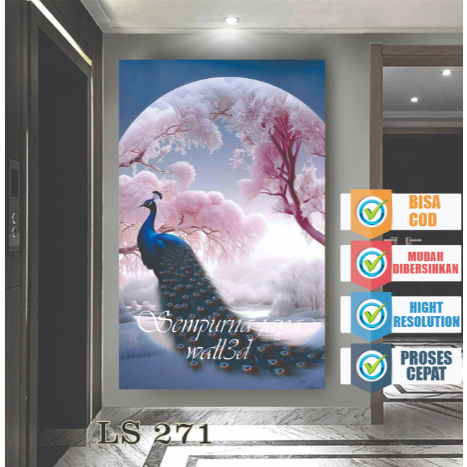 STIKER HIASAN DINDING EFEK 3D MOTIF BURUNG MERAK, HIASAN DINDING STICKER VYNIL MOTIF BURUNG MERAK 3D