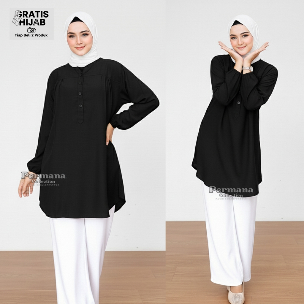 Blouse Wanita Baju Atasan Lengan Panjang Hitam Elegan Kekinian Jumbo Size Korean Style Muslimah
