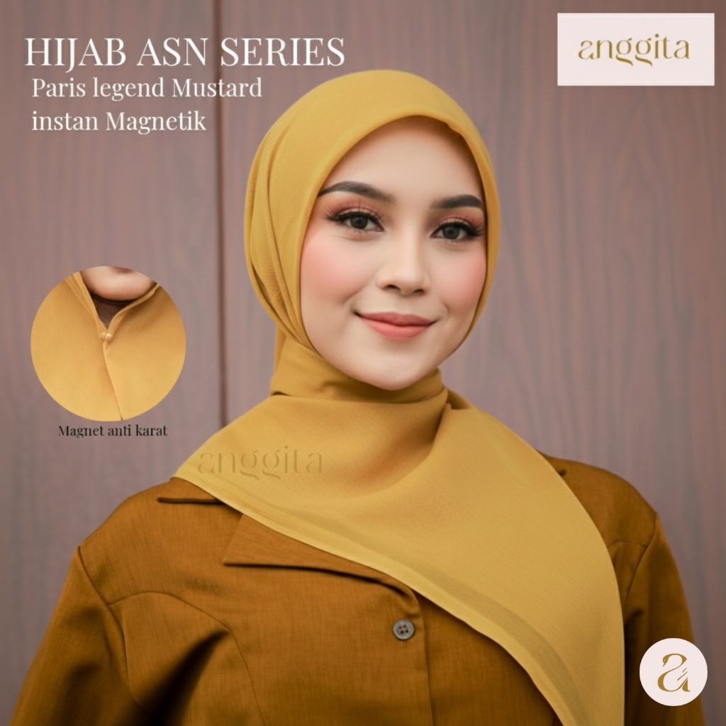 ANGGITA Jilbab Mustard PNS Paris Jadul Magnetik Hijab Premium Seragam Dinas PNS Pegawai PEMDA