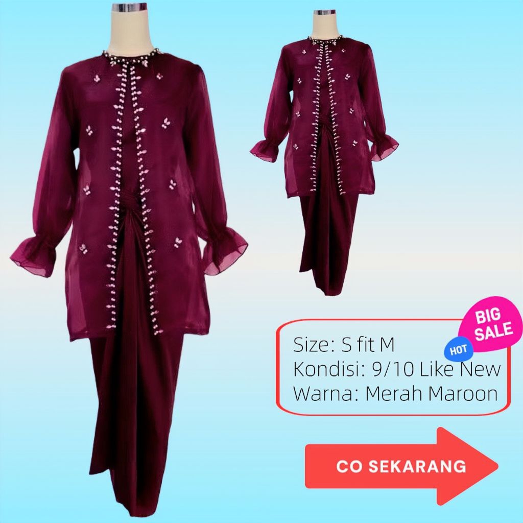 PRELOVED Kebaya Tunik Outer Organza Marun Set Rok Lilit Kondangan Mewah Size S fit L Like New
