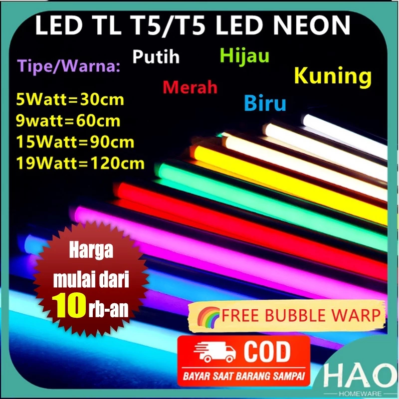 Lampu TL5 Neon T5 LED 5/10/15/20 Watt Tube Warna Warni 30 cm / 60 cm / 90 cm / 120 cm
