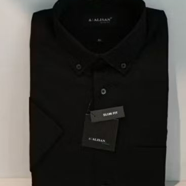 Alisan Kemeja Pria Dobby Lengan Pendek Hitam Slimfit