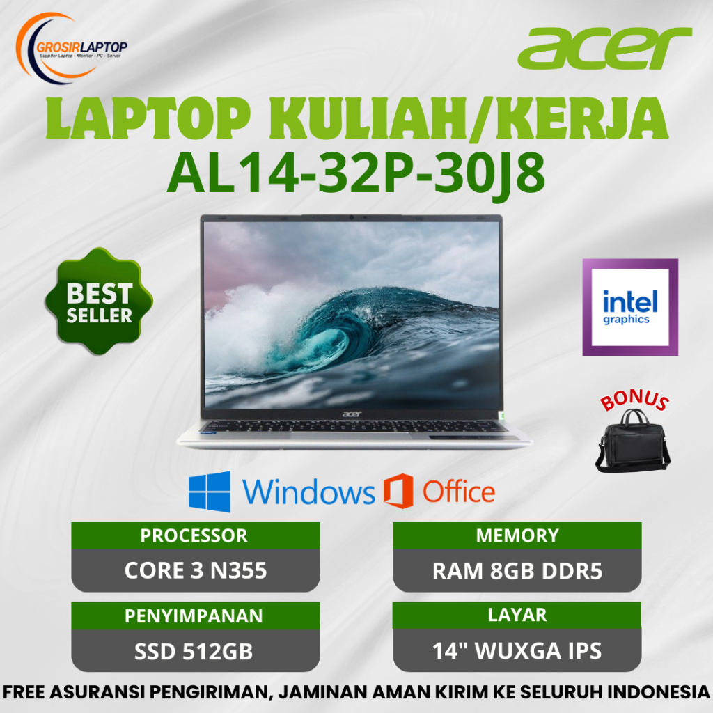 Laptop baru Acer Aspire Lite AL14 - 30J8 Core 3 - N355 Ram 8GB ssd 512gb 14" ips - Laptop sekolah