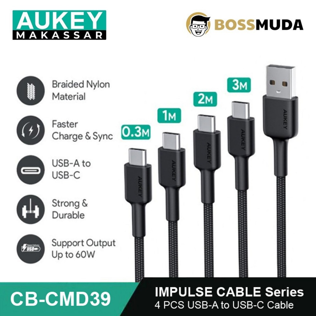 Kabel Charger Aukey CB-CMD39 USB A to C 2M NO PACKING & NO WARRANTY