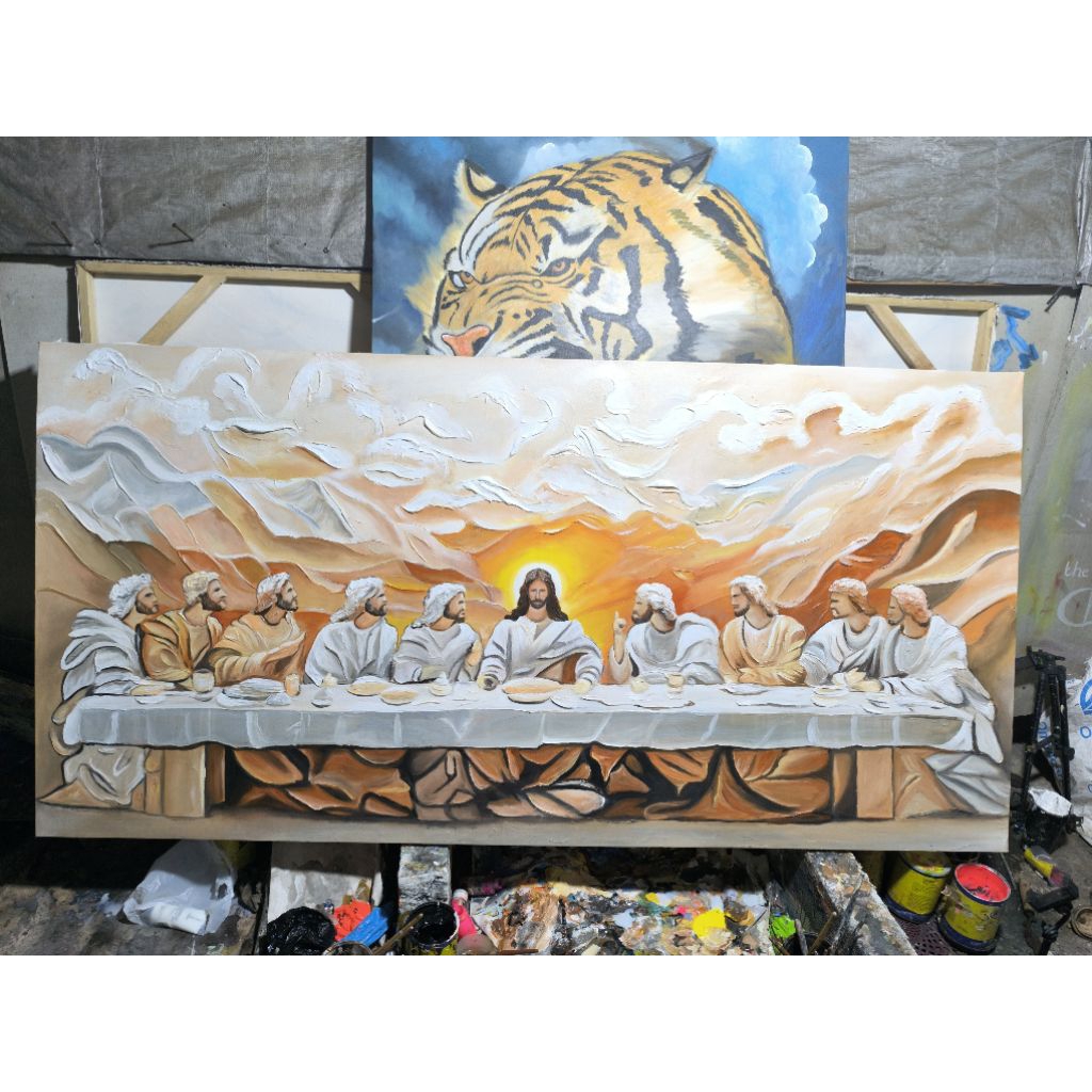 lukisan dinding tuhan yesus perjamuan design tekstur timbul original handmade