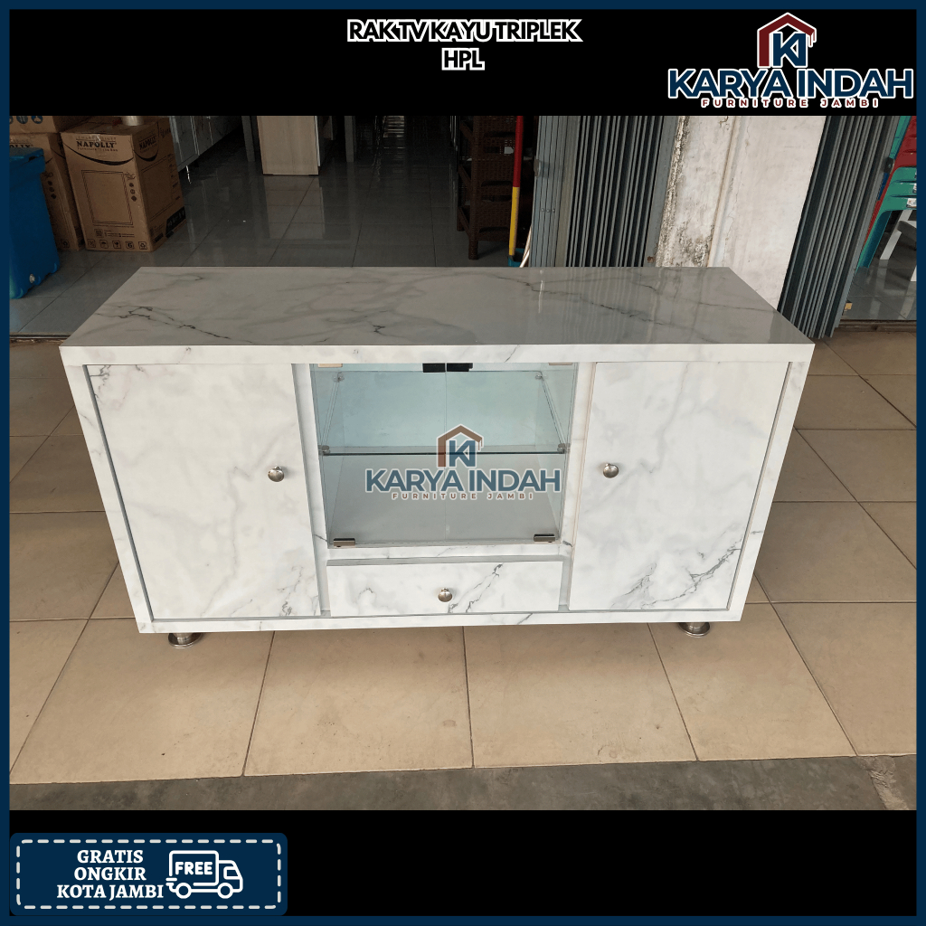 Rak TV KAYU TRIPLEK MULTIPLEK PLYWOOD 120 HPL MARBLE GLOSSY PUTIH Minimalis