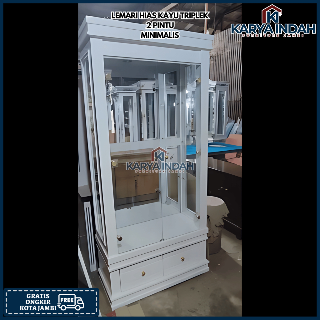 Lemari Hias KRISTAL 2 Pintu MINIMALIS KAYU TRIPLEK BUFET KACA LACI LAMPU Minimalis