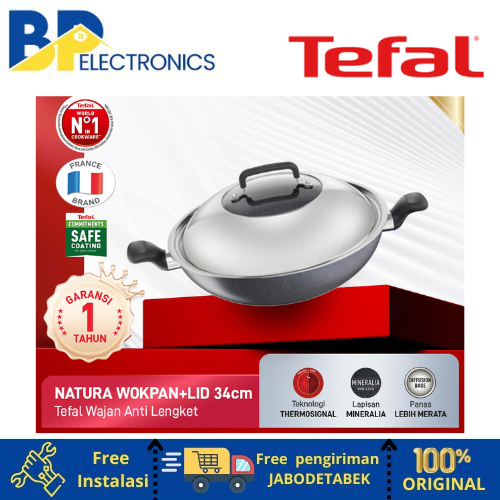 Tefal Wajan Kuali Penggorengan Anti Lengket Natura Wokpan 34cm + Lid