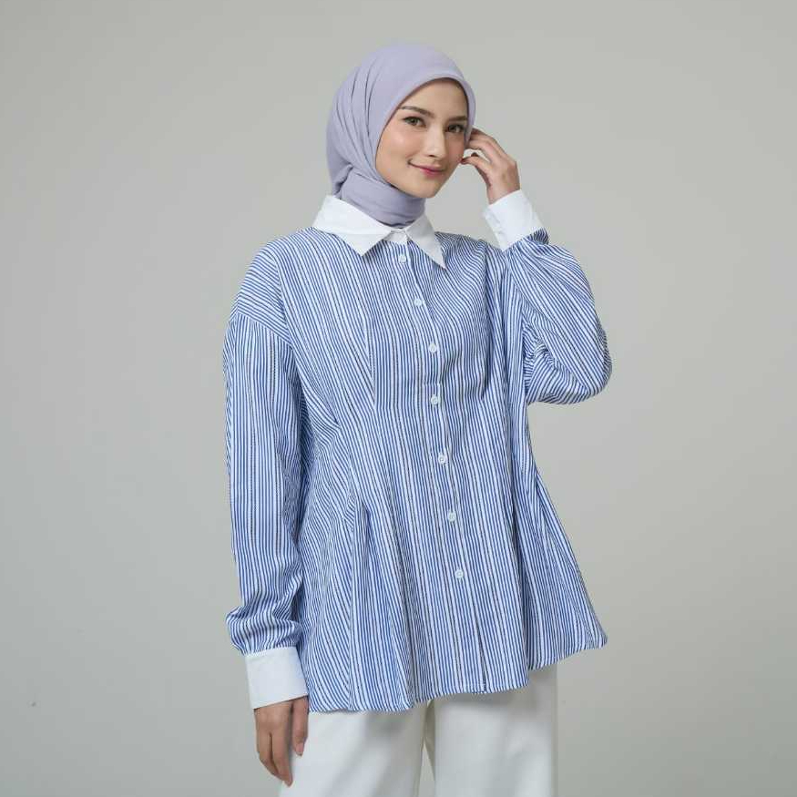 Adeola Scarf - Striped Serenity Series - Kemeja Wanita - Navy