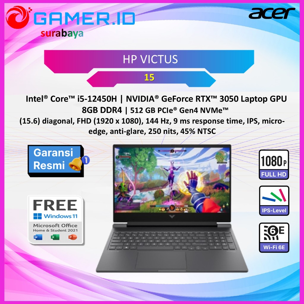 LAPTOP HP VICTUS 15 I5 13420H RTX3050 6GB/ 16GB 512GB 15.6FHD IPS 144HZ