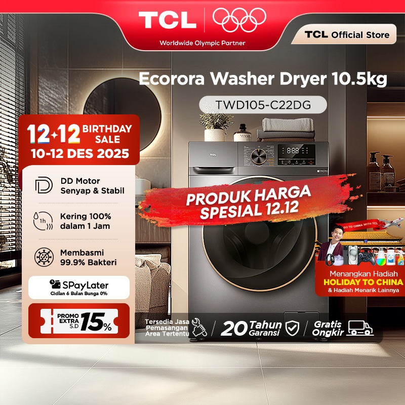 TCL Mesin Cuci Front Loading Washer Dryer 10.5 kg - 100% Kering - Bakteri Hilang 99% - 16 Mode Cuci 