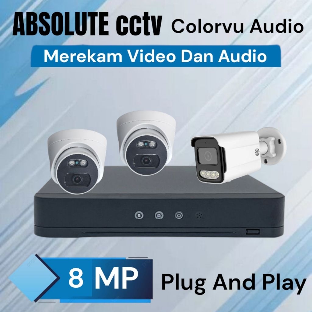 Paket Cctv 4ch 3 Camera 8mp 1080p Colorvu Audio Malam tetap Warna dan Rekam Suara