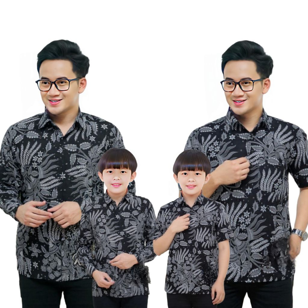 Batik Couple Ayah Anak Laki-Laki Motif Manggar Abu Warna Abu | Lengan Panjang Pendek