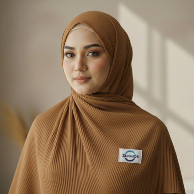 ZUHRIOS Hijab Pashmina Plisket Warna Mocca