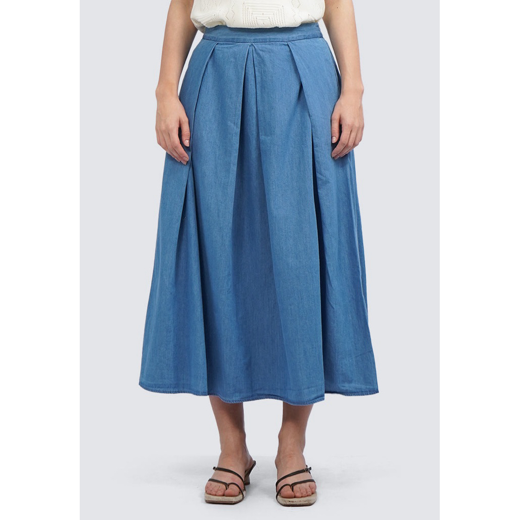 Rok Et Cetera Pleated Chambray Midi Skirt LT. BLUE