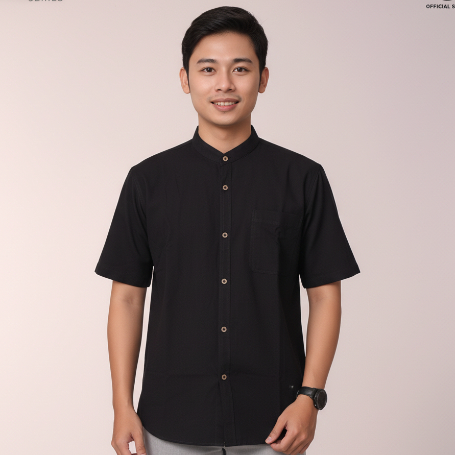 Hanzain Syamil Series - Kemeja Koko Pria Pendek Warna Hitam - Katun Premium
