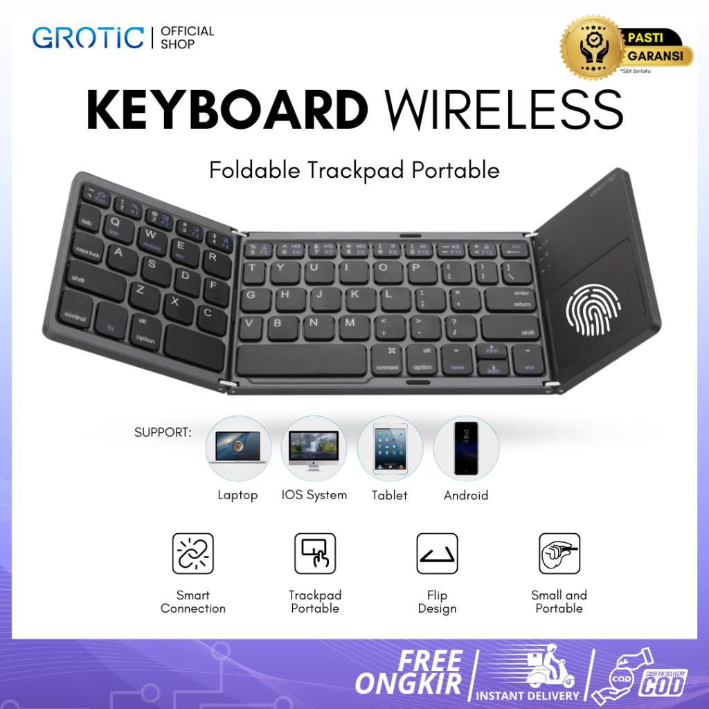 GROTIC Keyboard Bluetooth Portable Three Folding Magnetic With Touchpad
