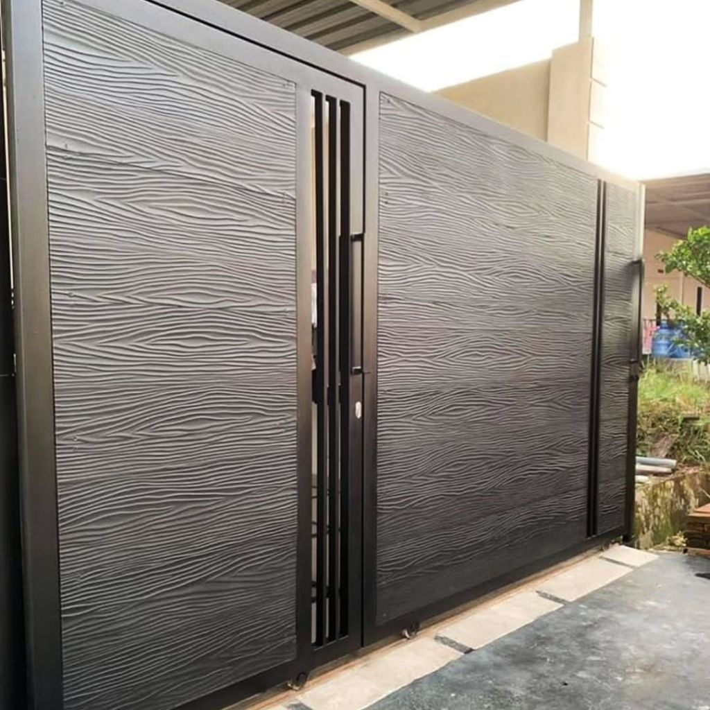 pagar minimalis GRC motif kayu lipat dan sleding, rangka hollow galvanis untuk pagar rumah impian