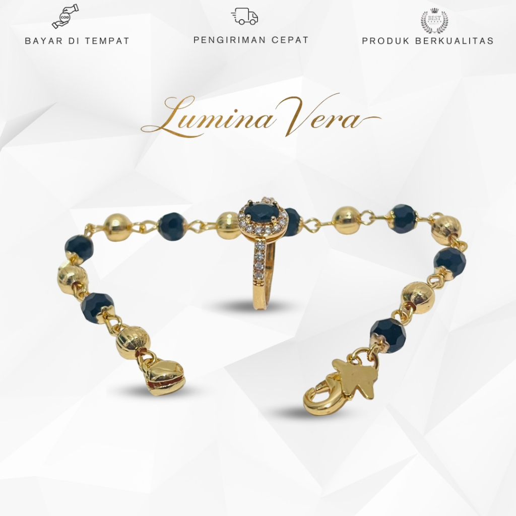 Lumina Vera COD Gelang Permata Kristal Hitam Free Cincin Mewah Lapis Emas Titanium Aksesoris Jewelry