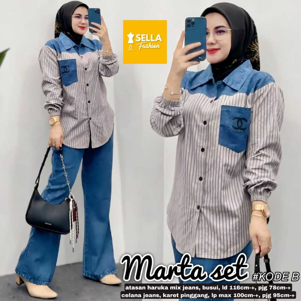 MARTA SET WANITA LD 116 MOTIF GARIS GARIS TERBARU SETELAN CELANA PANJANG JEANS KEKINIAN