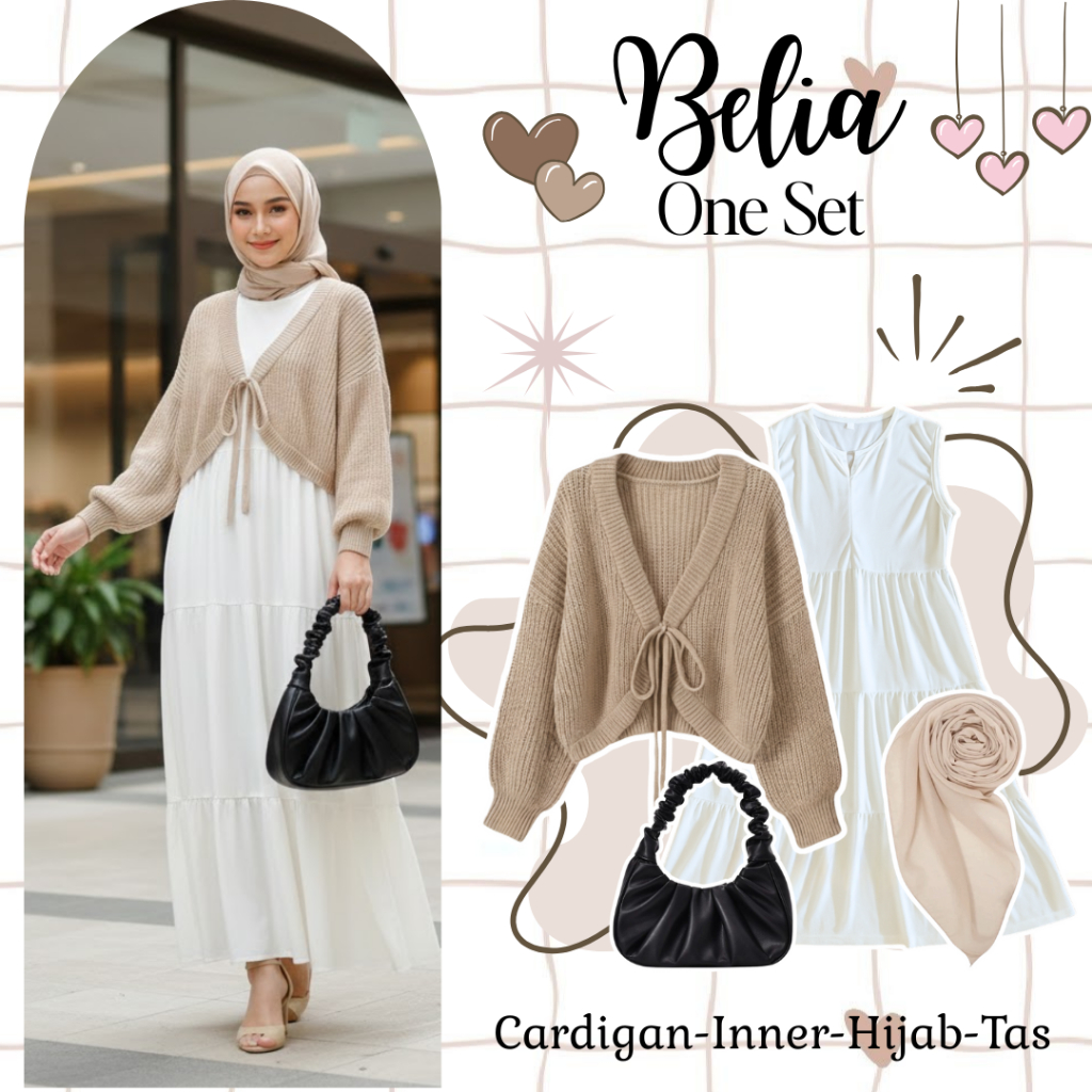 KA70 - Belia One Set Cardigan, Inner Dress, Hijab, dan Tas - Outfit Wanita Santai Kekinian Terbaru