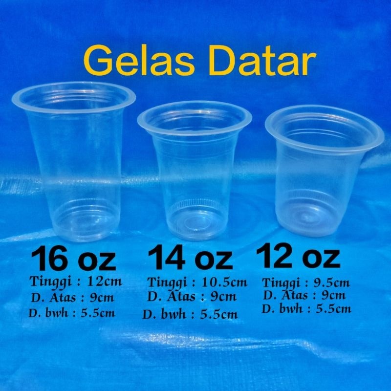 Gelas Plastik Cup DATAR Ukuran 12 Oz, 14 Oz, dan 16 Oz + Tutup  @ 50 Pcs