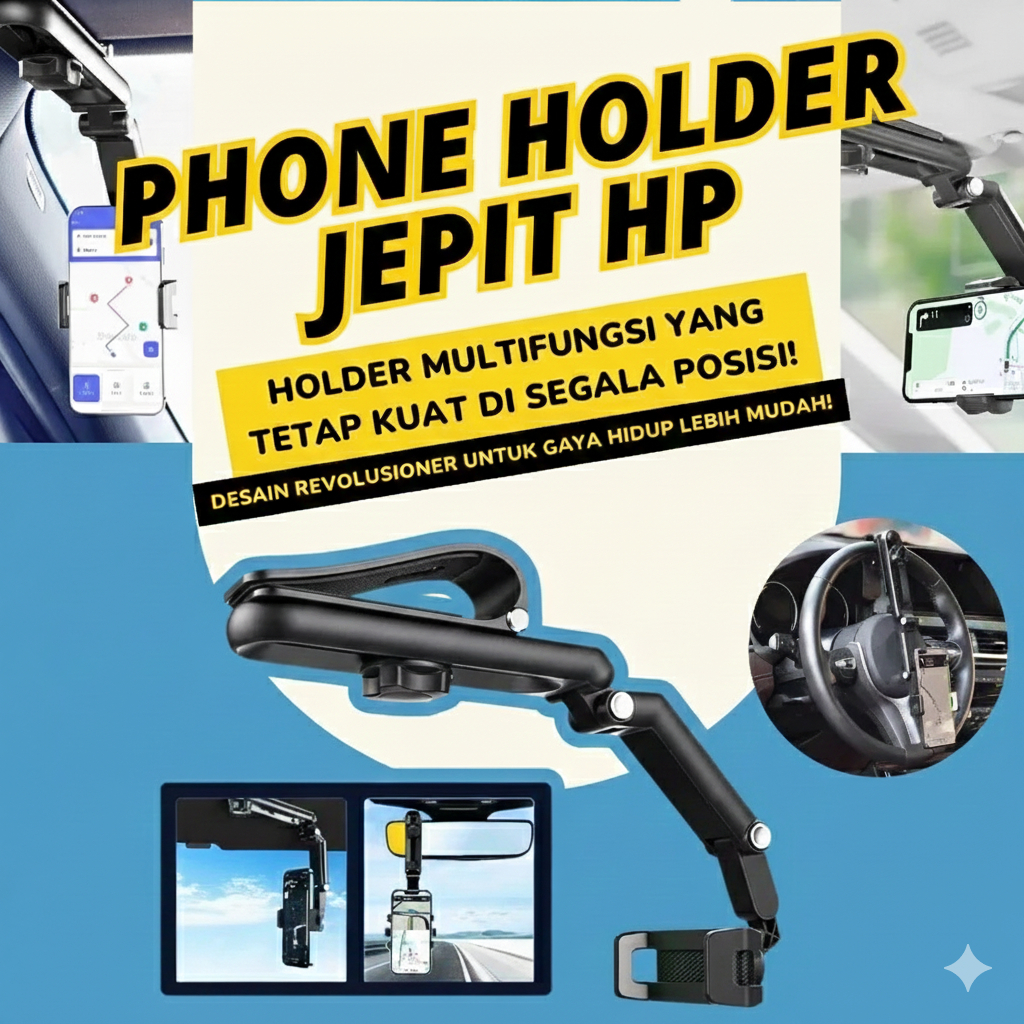 Penjepit HP Di Mobil Rearview Mirror Spion Tengah Jepitan Universal Bisa Ditekuk Putar 360° Pegangan