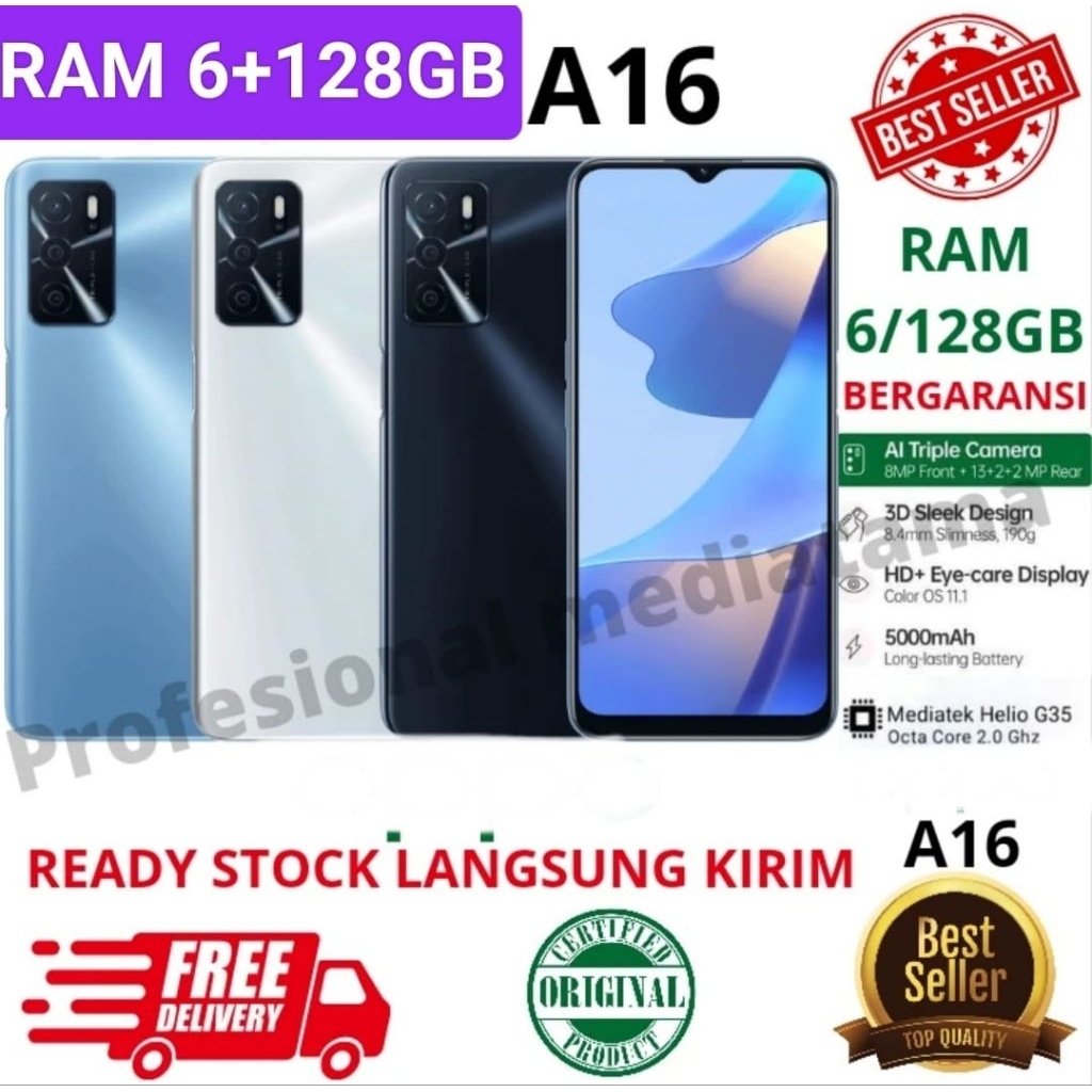 (BARU) (ORI) HP OPPO A16 RAM 6+128GB 4G LTE BERGARSI 1TAHUN GROSI