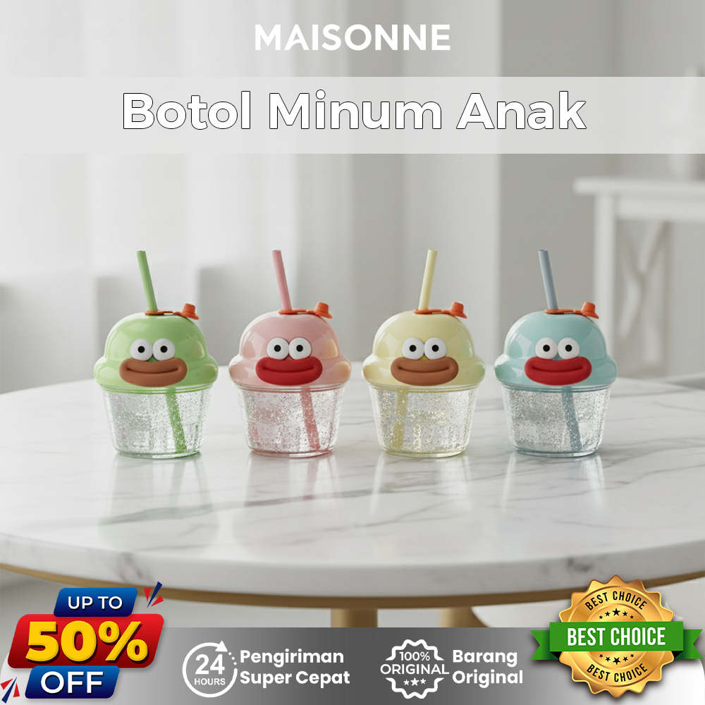 MAISONN Gelas Kaca Tutup Gelas Kecil Kaca Minum Anak Anti Tumpah Karakter Lucu GWB03-210