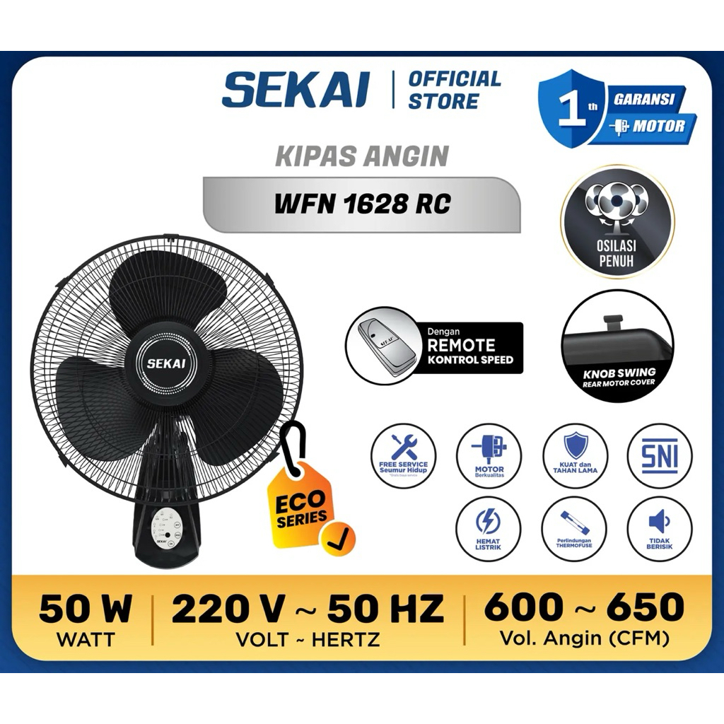 SEKAI WALLFAN REMOTE 16 INCH - KIPAS SEKAI DINDING PAKAI REMOTE - KIPAS SEKAI REMOTE 1628RC - KIPAS 