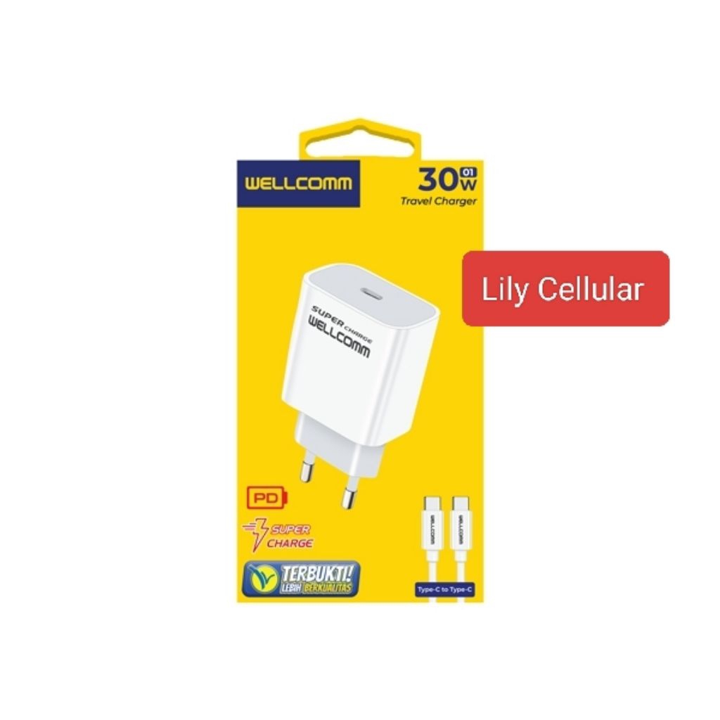 Charger Single Port USB-C Wellcomm 30W + Kabel data Type-C to Type-C