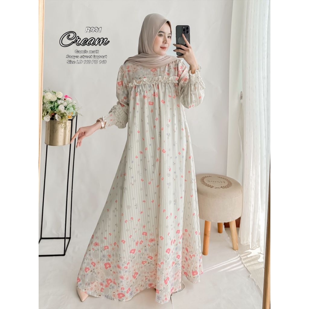 Ribyka Collection R991 Gamis Remaja Kekinian Motif Bunga Gamis Wanita