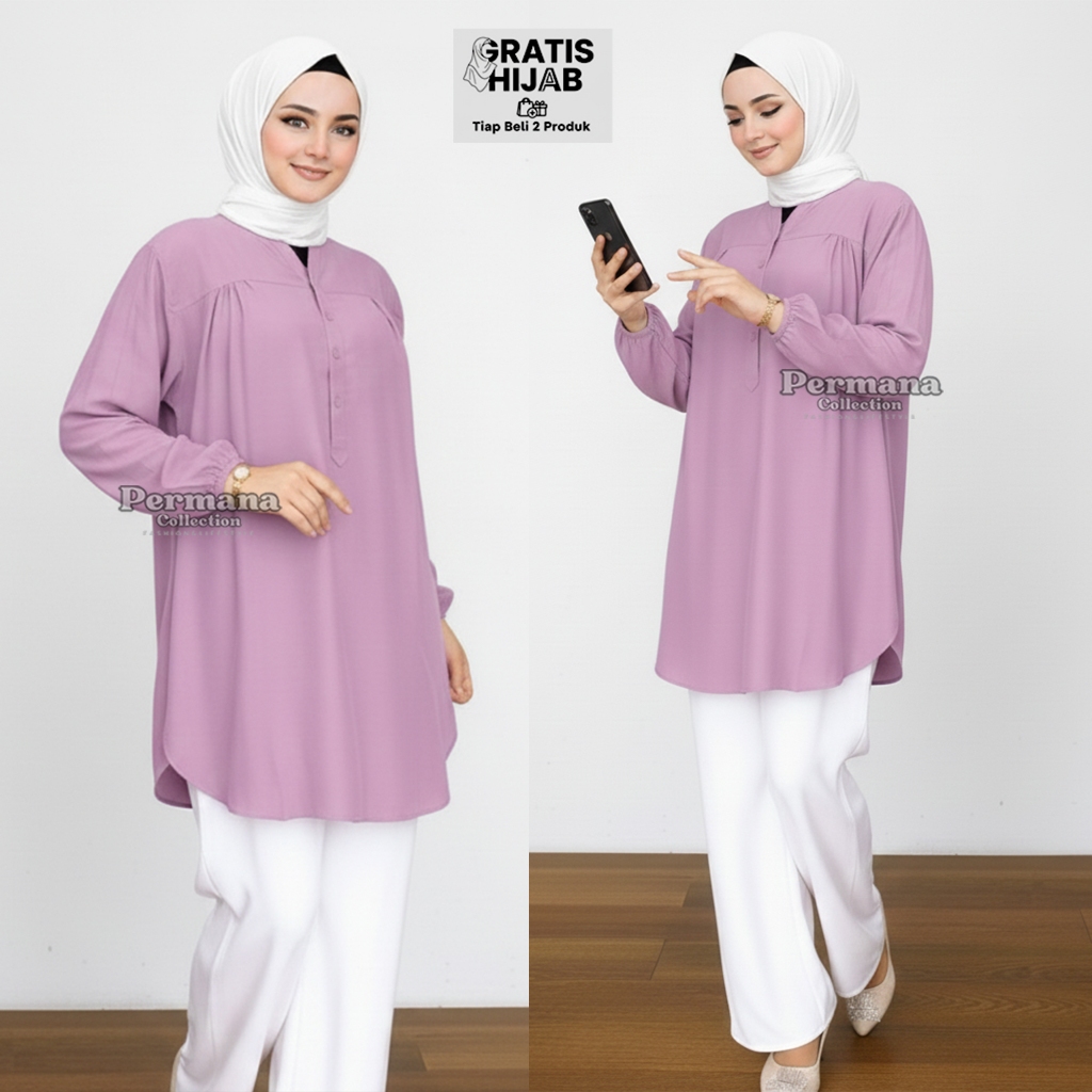 Baju Atasan Blouse Wanita Busana Muslim Lengan Panjang Warna Lilac Jumbo Size