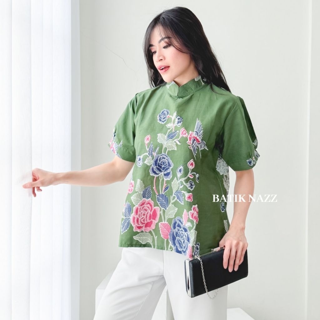 Blouse Batik Lengan Puffy Kerah Shanghai Blouse Batik Kerja - Aira blouse