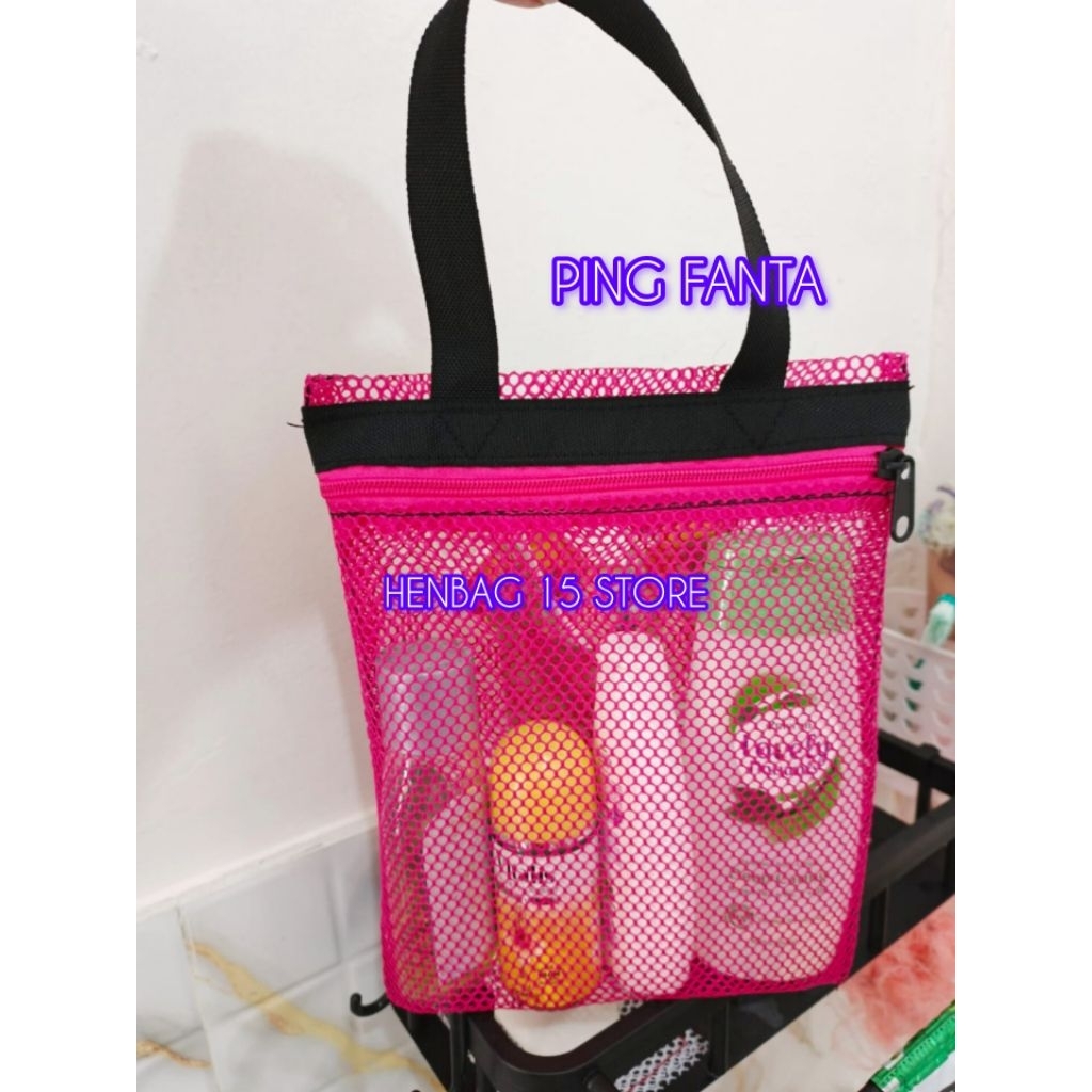 Tas Jaring Mandi Organizer Travel / Tas Kosmetik Skincare Bedak Bayi Bahan Tebal Hitam Transparan