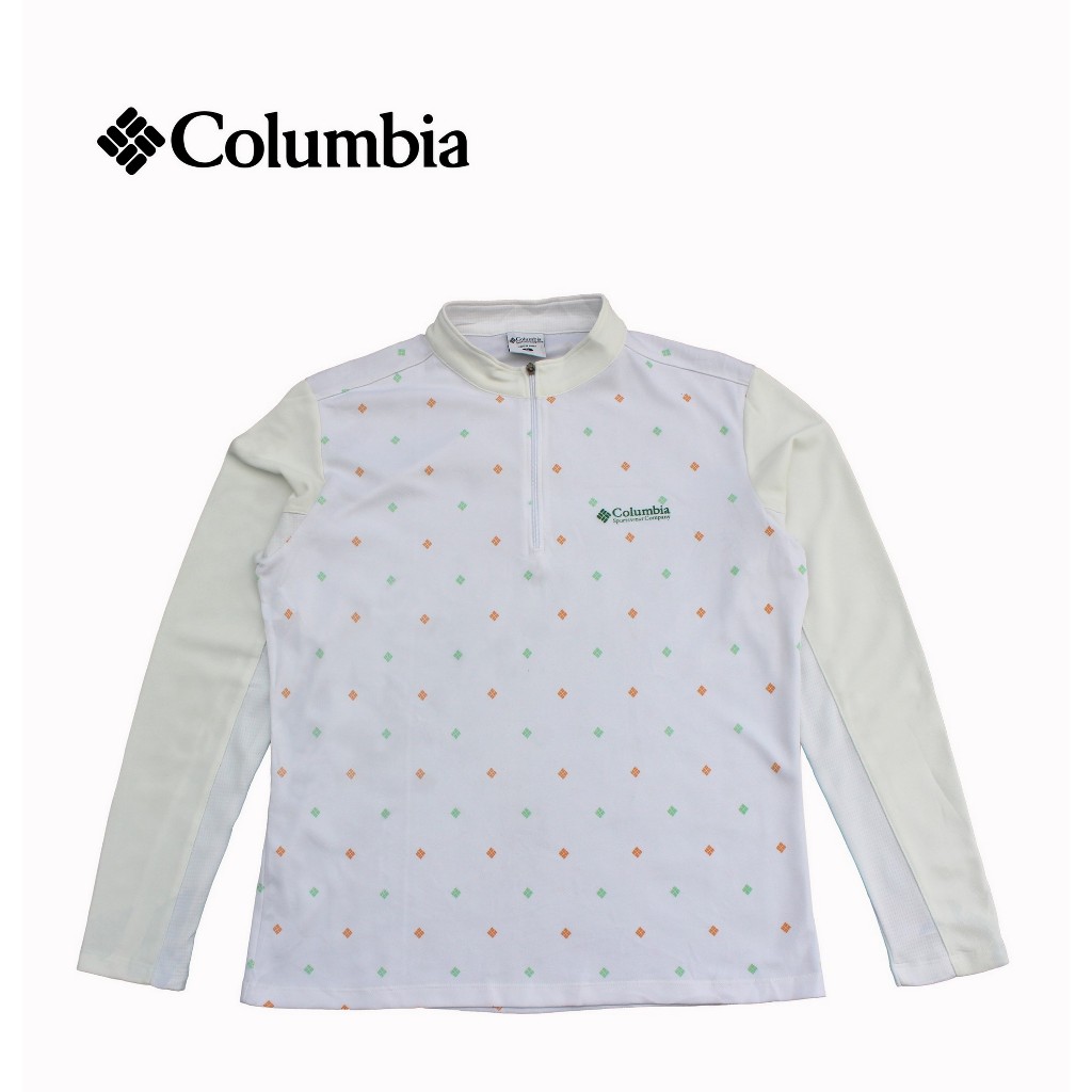 Base Layer Columbia Half Zip Lengan Panjang – Outdoor / Hiking / Quick Dry – Putih Motif/ Unisex