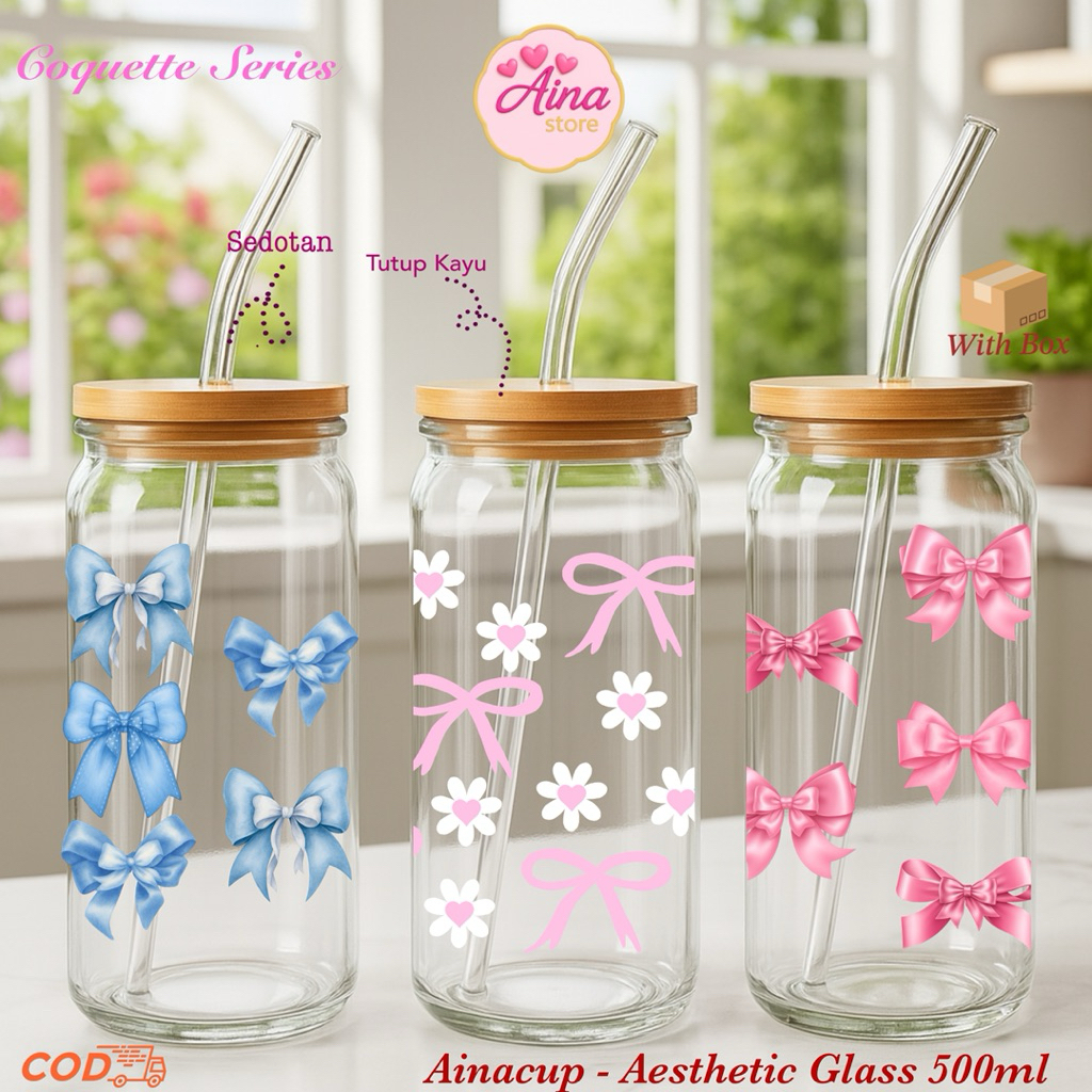 Ainacup - Gelas Aesthetic 500ml Gelas Coquette Kaca Gelas Minum Gelas Aesthetic Gelas Minum Kaca Gel