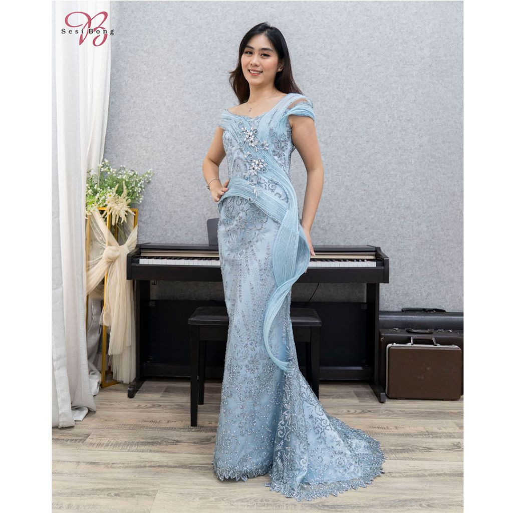 Gaun Pesta 6139 Dusty Blue & Maroon Burgundy