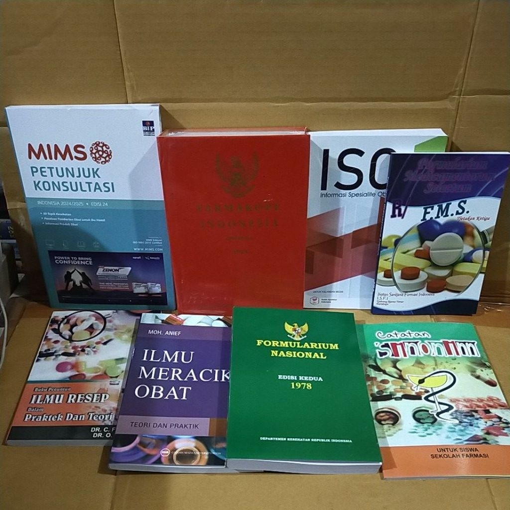 paket isi 8 pcs/ buku farmasi/ mims.24, f3, ISO, fms, ilmu resep, imo, Fornas, cat.sinonim