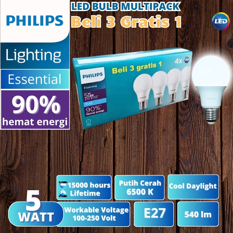 Lampu Philips LED Essential 5W Putih Philips 5 Watt Multipack Paket 3+1 Asli Bergaransi