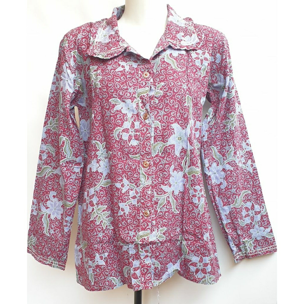 ​Kemeja Batik Pekalongan Merek Art Azkia Jaya Lengan Panjang Wanita Motif Bunga Kecil Merah Marun Ke