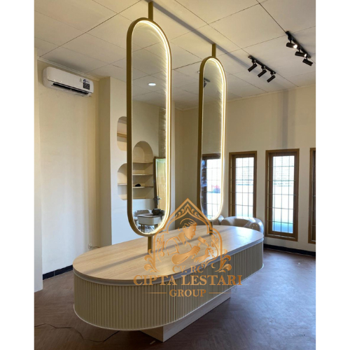 Meja Oval Kaca Cermin Interior Salon Nail Art Salon Kecantikan Full HPL & Kisi Kisi Panel Wood