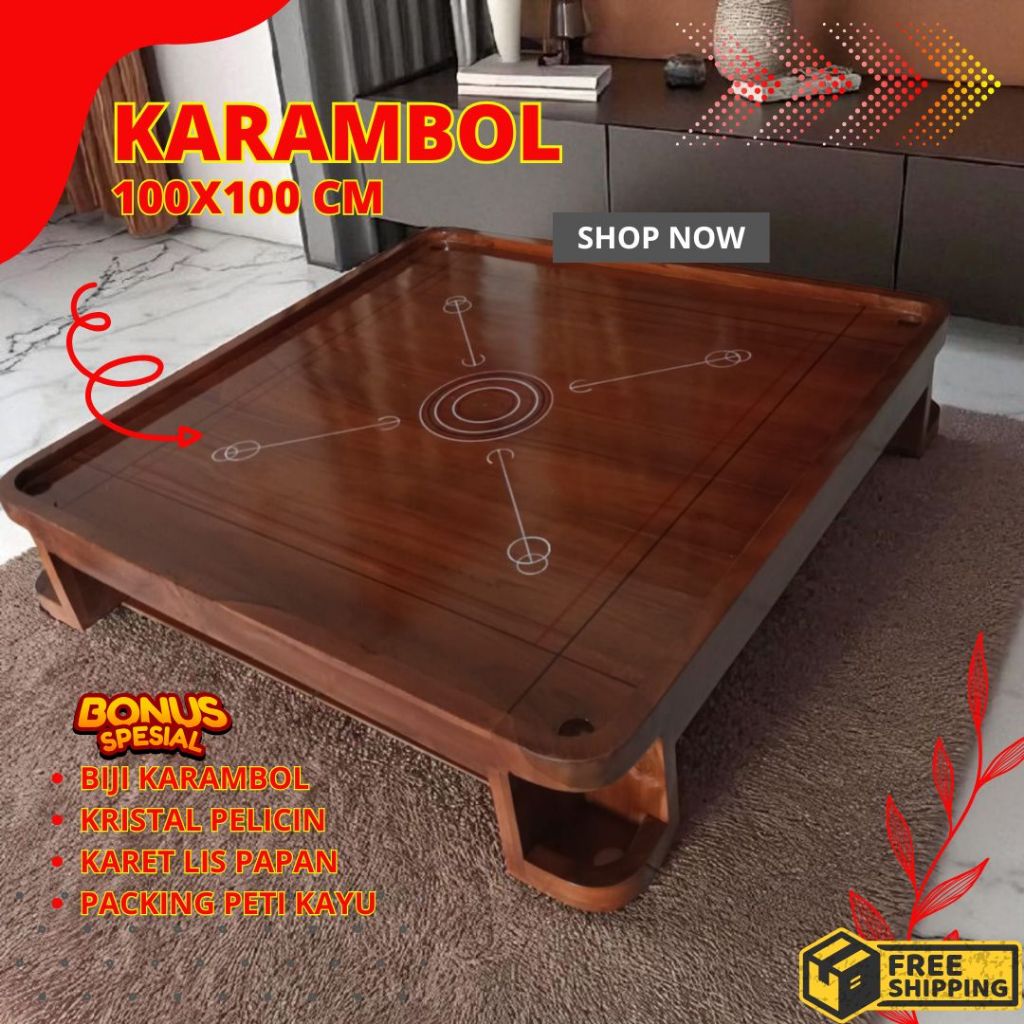 Papan Meja Karambol Kayu Jati Asli Premium Lengkap 1 Set Komplit Ukuran 100x100 Besar
