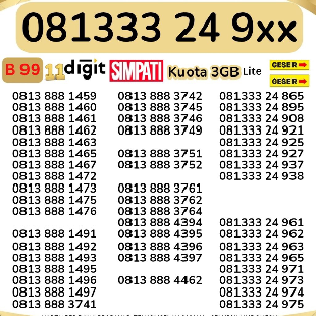 11 DIGIT  TELKOMSEL BONUS 3 GB NOMOR TRIPLE 3333 KUOTA INTERNET NOMOR CANTIK TELKOMSEL SIMPATI KARTU