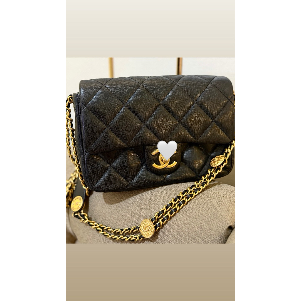 Ch22A black caviar - Ch flap mini black | ch caviar black | ch flap bag coin chain - ch sling bag | 