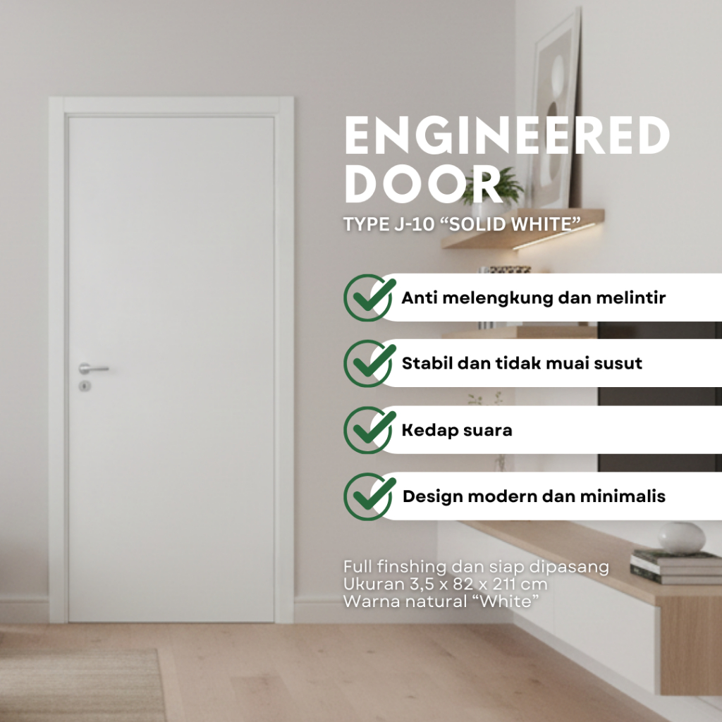 Pintu Kamar & Pintu Ruangan - Pintu Kayu Engineering PVC Sheet TYPE J-10 Solid White Penampilan Seta