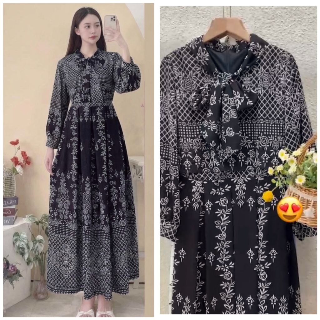 Dress Gamis Plisket Ceruty Premium Import Quality Gamis Korea Korean Style Pleated motif etnik Marak