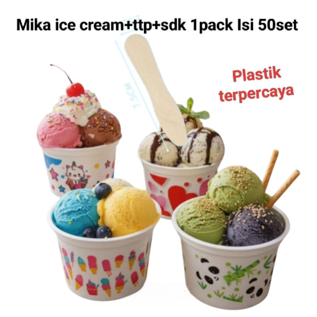 Mika Ice cream+ttp+sdk Isi 50set karakter cup 100ml ice cream cup plastik 100ml motif printing cu...