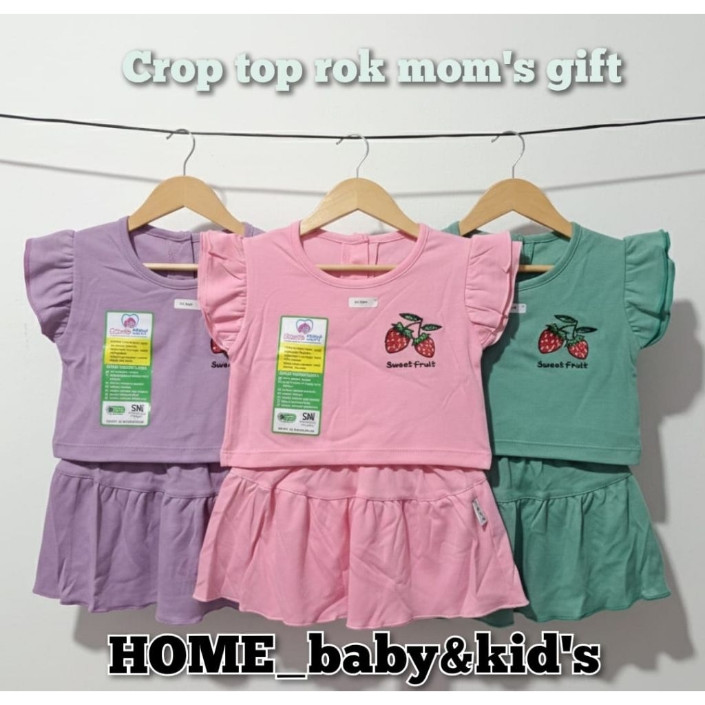 stl sa131  3pcs crop top moms gift polos strobery bordir 0-12 bulan setelan rok anak perempuan lucu 