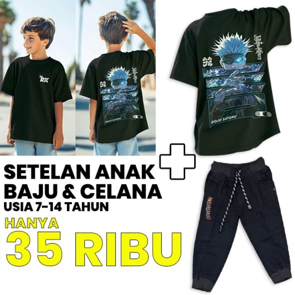 ‎NEW Stelan combad anak Unisex Anime OnePiece JJK Naruto Sablon Depan Belakang One Set Anak denim se